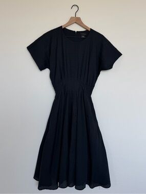 Club Monaco Navy Blue Textured Midi Fit-and-Flare Dress